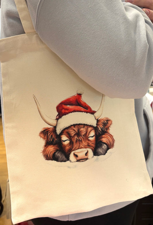 Festive Highland Cow tote bag